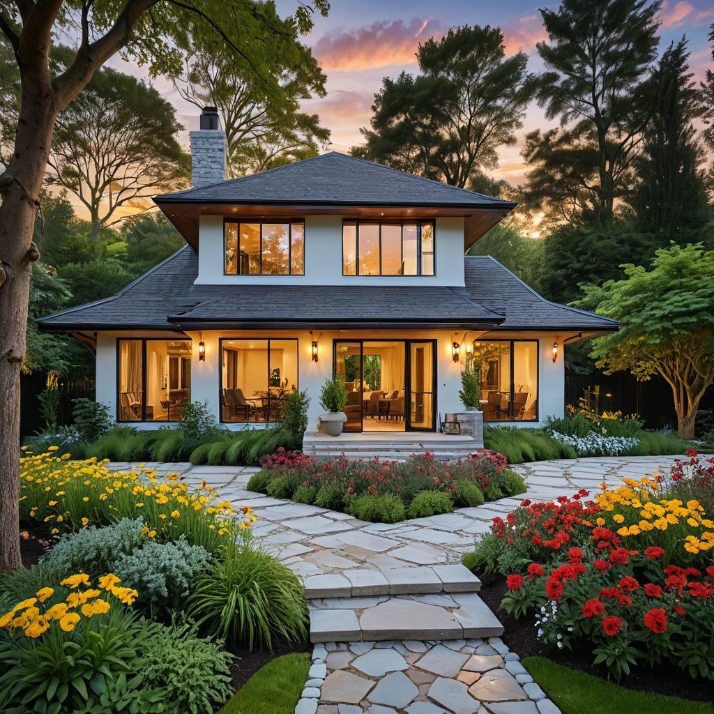 A serene landscape featuring a cozy cottage nestled among lush greenery, transitioning into a modern luxurious retreat with large windows and elegant design. The scene captures the essence of warmth and sophistication, with a sunset casting a golden glow and a winding path leading between the two styles. Include elements like a tranquil garden and inviting outdoor seating. super-realistic. vibrant colors. natural setting.