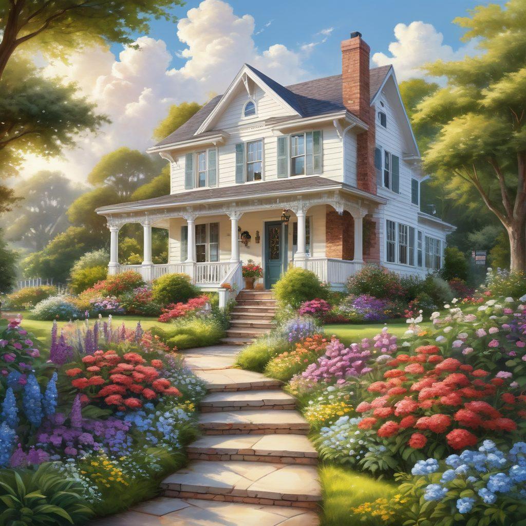 A breathtaking view of a charming house nestled among lush greenery, showcasing vibrant flower gardens and a picturesque pathway leading to a welcoming front porch. Soft sunlight illuminates the home's stunning architectural features, enhancing its beauty and allure. Include a tranquil sky with fluffy clouds for an inspiring atmosphere. super-realistic. vibrant colors. white background.