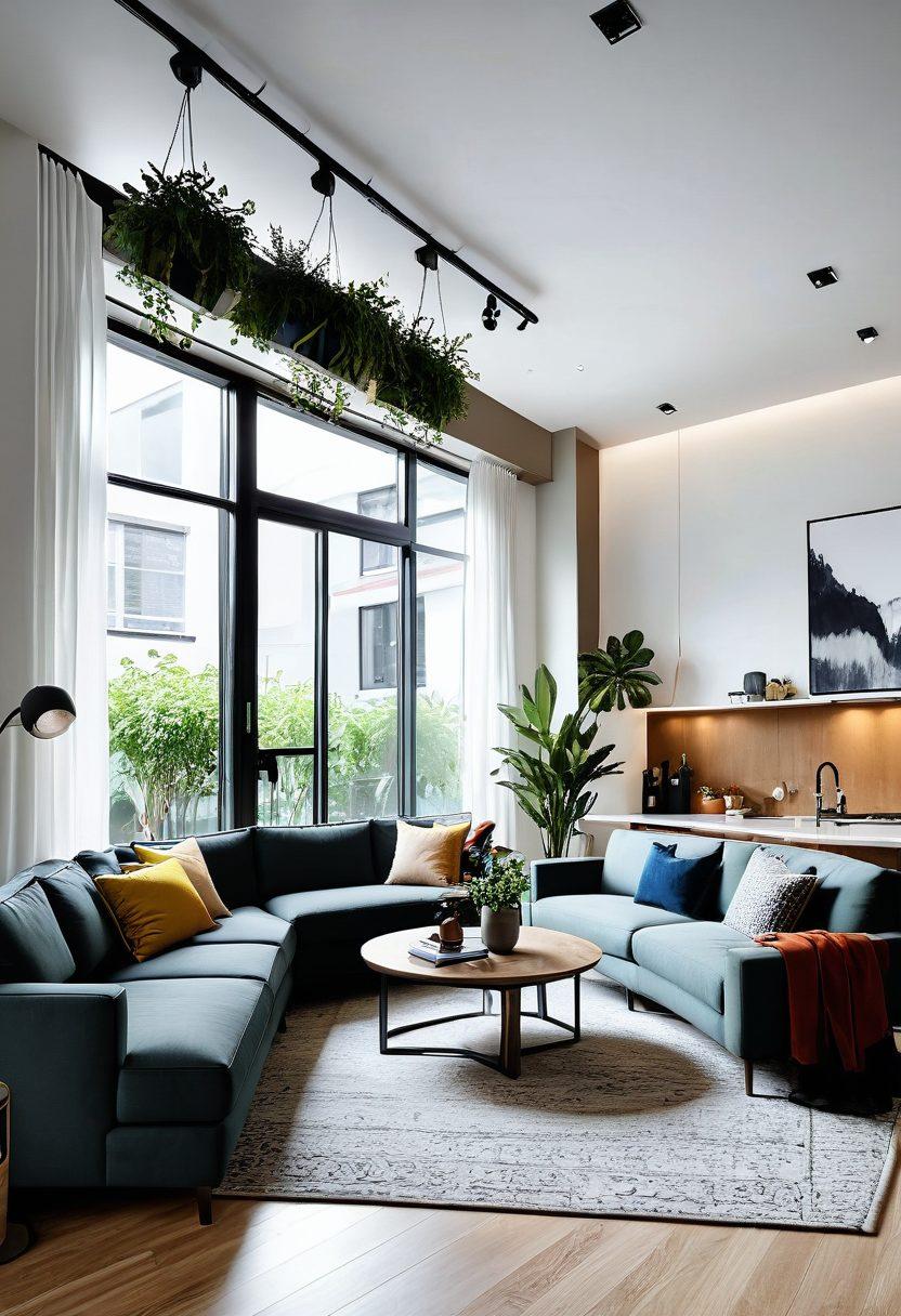 A beautifully designed open floor plan showcasing modern aesthetics, featuring a spacious living area adorned with stylish furniture, large windows allowing natural light, and a cozy dining space. Elements of innovative layouts like multi-functional furniture and creative room separators should be emphasized. Additionally, include soft greenery to add life to the environment. super-realistic. vibrant colors. white background.